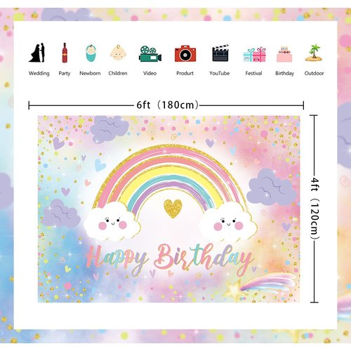 Rainbow Happy Birthday Banner Backdrop for Girl Women Colorful Rainbow Party Decorations Backdrop Pastel Rainbow Kid Girl Baby Shower Party Cake Table Supplies (70x40 inch (6x4FT))