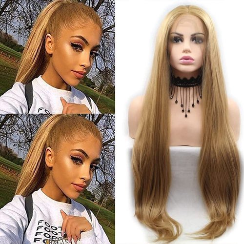 xiweiya Mixed Light Brown Lace Front Wig Wigs Long Silky Straight Golden Brown Synthetic Lace Front Wigs For Women Heat Resistant Fiber Hair Wigs Middle Parting 26inch
