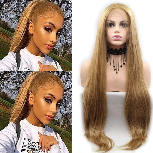 xiweiya Mixed Light Brown Lace Front Wig Wigs Long Silky Straight Golden Brown Synthetic Lace Front Wigs For Women Heat Resistant Fiber Hair Wigs Middle Parting 26inch