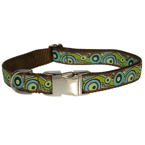 Small Green Circles and Waves Dog Collar: 5/8" Wide, Adjusts 10-14" - Made in USA.