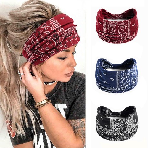 Hanfluenve 3Pcs Wide Headbands for Women Black Blue Red Sport Headbands Stretchy Head Turban Fashion Twist Knotted Hair Accessories