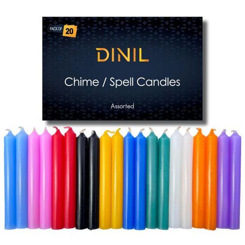Dinil – 20 Assorted Color Spell/Chime Candles – Premium Mini Taper Candles for Rituals, Prayer, Birthdays, Meditation, Altar, Spells, Chime Candles - 4 Inch Tall (Multi-Colored)