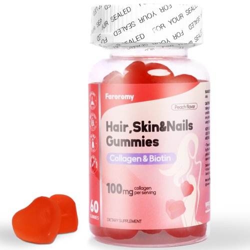 Faroromy Collagen Gummies with Biotin Vitamins for Hair Skin and Nails Health, Peach Flavored Daily Collagen Gummy with 2500 mcg Biotin, 100 mg Collagen and Vitamin C, E 30 Day Supply, 60 Count