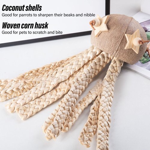 HEEPDD Bird Chew Toys, Rattan Coconut Shell Parrot Bites Toy Coconut Shell ShreddingToy for Parakeet African Grey Cockatoo Budgies Cockatiel