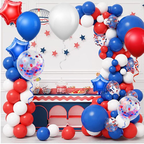 FLSEPAMB 167Pcs Red White Blue Balloons Kit- 18 12 10 5inch Latex Balloons Confetti Star Foil Balloons for 4th of July Independence Day Party Decorations with Tying Tool,Tape Strip,Ribbons,Dot Glues