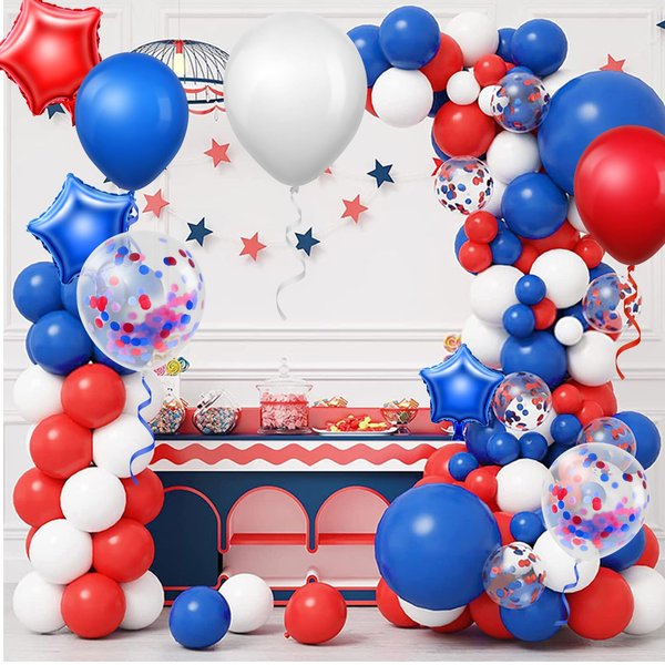 FLSEPAMB 167Pcs Red White Blue Balloons Kit- 18 12 10 5inch Latex Balloons Confetti Star Foil Balloons for 4th of July Independence Day Party Decorations with Tying Tool,Tape Strip,Ribbons,Dot Glues