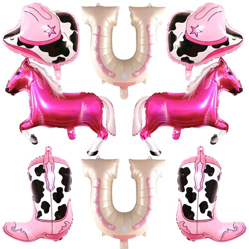TUWUNA 8Pcs Western Themed Balloons,Pink Horse and Cowgirl Balloon for Western Party Decorations Bachelorette Party Cowgirl Birthday Party Supplies