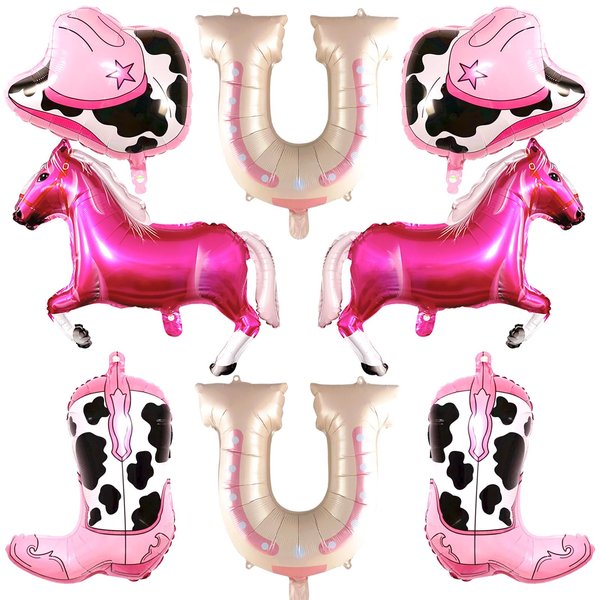 TUWUNA 8Pcs Western Themed Balloons,Pink Horse and Cowgirl Balloon for Western Party Decorations Bachelorette Party Cowgirl Birthday Party Supplies