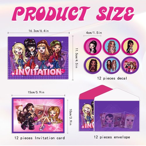 LLDSYfe 12Pcs Cartoon Delicacy Girl Birthday Party Decorations Invitation Cards Envelopes Cartoon Girl Sticker Labels for Girls Party Supplies