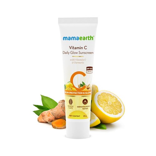 Mamaearth Vitamin C Daily Glow SPF 50 Sunscreen with PA+++ | Reduces Tanning & Gives Broad Spectrum Sun Protection | No Whitecast & Non-Greasy | 0.71 Oz/20g