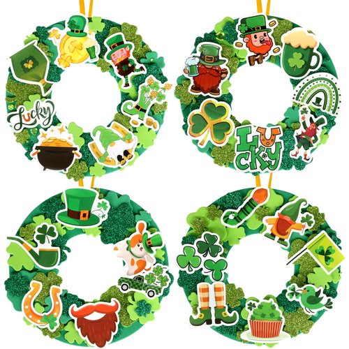 Openfly 12 Sets St. Patrick's Day Crafts for Kids, DIY St Patrick's Day Foam Wreath Crafts Kit Shamrock Foam Stickers for Boys Girls Party Classroom Craft and Art Project