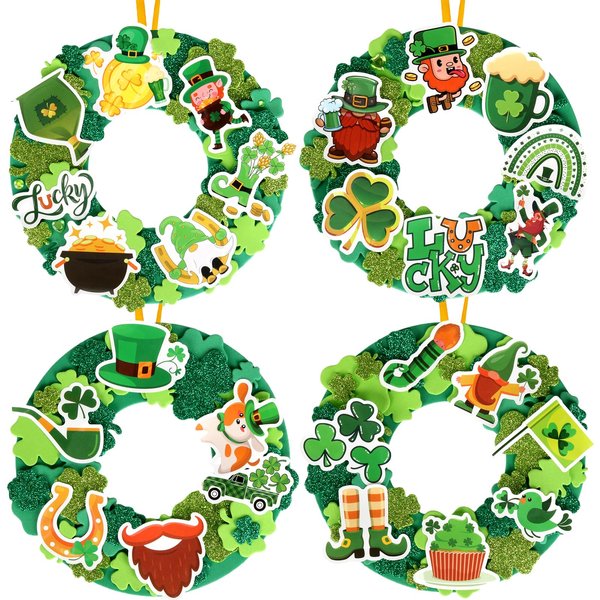 Openfly 12 Sets St. Patrick's Day Crafts for Kids, DIY St Patrick's Day Foam Wreath Crafts Kit Shamrock Foam Stickers for Boys Girls Party Classroom Craft and Art Project