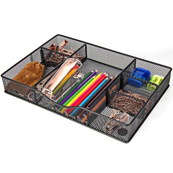 VyGrow Desk Drawer Organizer Tray, Metal Mesh Drawer Organizers Office, 6 Adjustable Compartment, Desk Organizer Tray for Home Office 12.87x8.85x1.96 inch, Black, 1 Pack