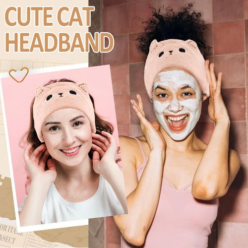 Atoden Cat Ears Spa Headband Wristband Set Cute Animal Skincare Headband Makeup Headband for Washing Face Elastic Face Wash Hair Band for Women Girls Trendy Stuff