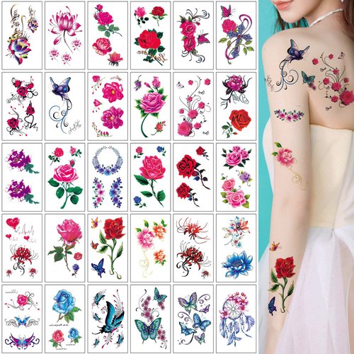 30 Sheets Rose Temporary Tattoos for Women Girls 3D Butterfly Flower Sexy Fake Tattoo Stickers Waterproof Body Art Colored Temp Tattoo Paper (S30 C)