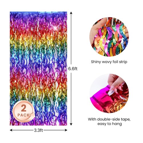 Shiny Wave Metallic Tinsel Foil Fringe Curtains 3.3x6.6ft Colorful Streamer for Party Decorations Birthday Wedding Graduation Baby Shower 2 Packs