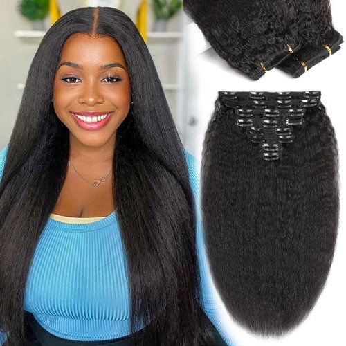 Kinky Straight Clip ins, Clip in Hair Extensions Real Human Hair 12 Inch Clip in Hair Extensions for Women Remy Seamless Clip in Hair Extensions Human Hair Clip in Extensions Natural Color 8PCS