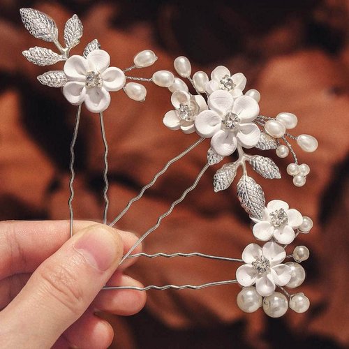 JONKY Wedding Flower Hair Pins Silver Pearl Wedding Hair Pieces Rhinestone Bride Headpieces Leaf ...
