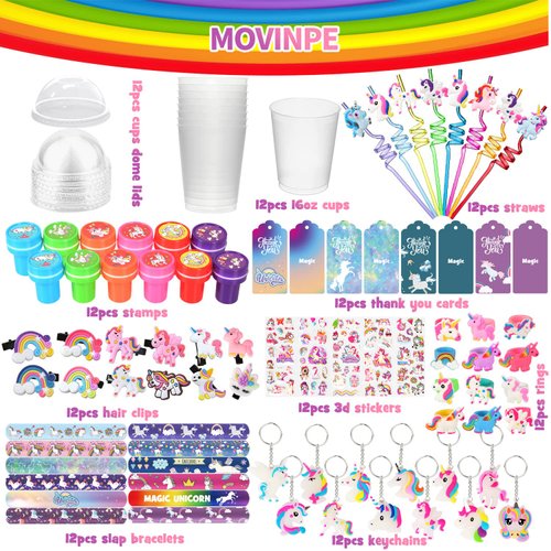 MOVINPE Unicorn Party Favors Personalize Goody Cups with Gift Tags, Filled with Unicorn Themed Reusable Straws Stampers Luminous Keychains Slap Bracelets Hair Clips Rings 3D Stickers