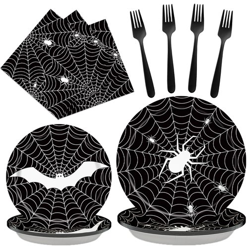 96 Pieces Birthday Spider Web Plates and Napkins Party Supplies for Adults, Birthday Dinnerware Set with Paper Plates, Napkins, and Forks for Spooky Birthday Party Decorations