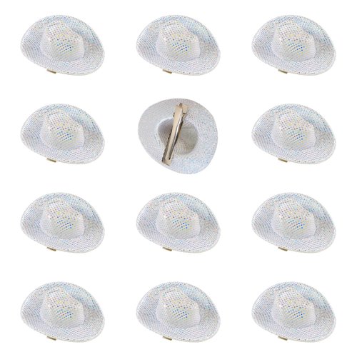 ASUNFO 12 Pcs Mini Disco Cowboy Hat Hair Clips Western Cowgirl Hat Hair Barrettes for Women Dot Glitter White
