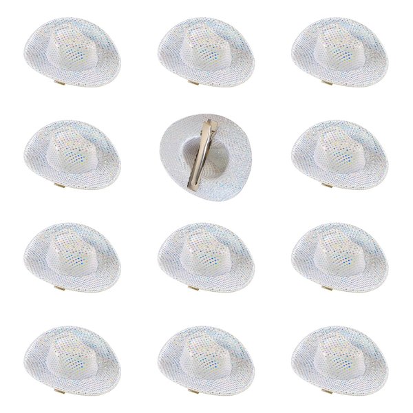 ASUNFO 12 Pcs Mini Disco Cowboy Hat Hair Clips Western Cowgirl Hat Hair Barrettes for Women Dot Glitter White