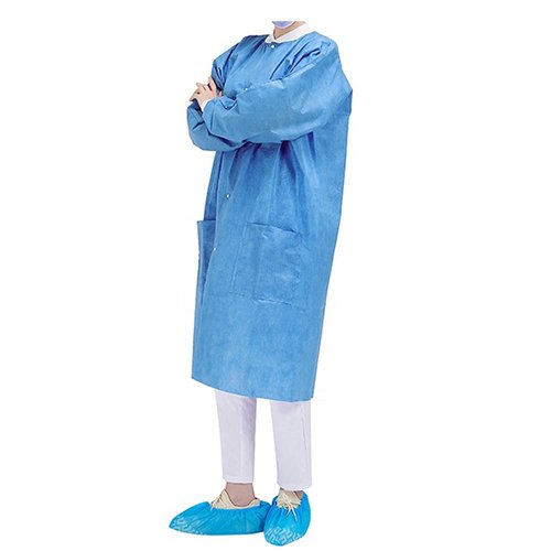 Greenour Disposable Lab Coat Blue Pack of 10 SMS with Pockets for Adult Knitted Collar and Cuffs Breathable Fluid Resistant（Medium