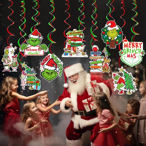 36pcs Marry Grinchmas Hanging Green Monster Streamers Decorations,Hanging Swirls Party Decorations Christmas Ceiling Decorations Christmas Birthday Party Decorations Outdoor Decorations for Christmas