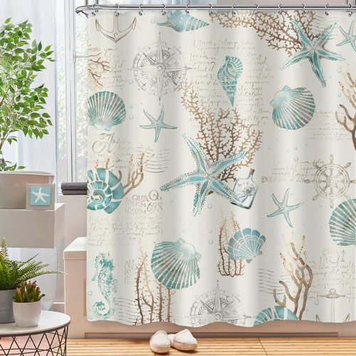 Omifly Starfish and Seashells Shower Curtain 60Wx72H Inch Beach Coastal Nautical Bathroom Set Ocean Coral Vintage Beige Ivory Retro Anchor Sea Horse with 12 Hooks Fabric Waterproof Accessories Decor