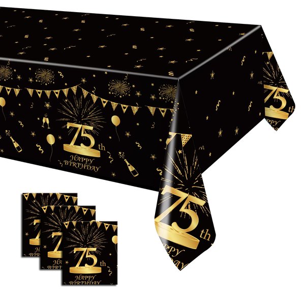 Pandecor 3 Pack Birthday Party Plastic Tablecloth,51'' x 107'' Black and Gold Plastic Table Cover for Birthday Party Decorations (75 Years Old)
