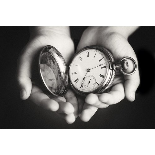Boy Holding Vintage Pocket Watch Black and White Photo Photograph Cool Wall Art Print Poster 18x12