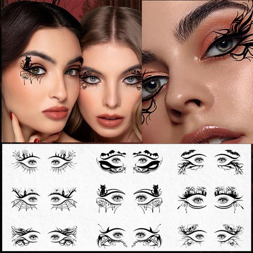 20pcs Halloween Eye Shadow Temporary Tattoos Eyeliner Tattoo Stickers Spider Web Bat Pattern Eyeliner Fake Tattoos for Women Halloween Decals