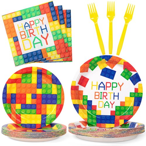 DECORLIFE Building Blocks Party Supplies Serves 24, Plates and Napkins, Forks Included for Birthday Party Decorations, Total 96PCS
