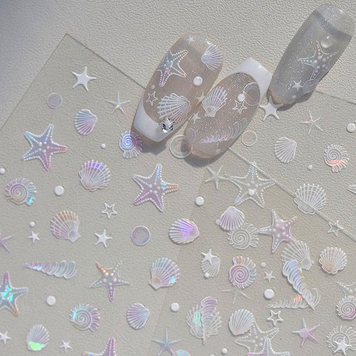 Aurora Ocean Nail Stickers Summer Nail Art Stickers Starfish Conch Shell Nail Decals Seashells Ocean Stickers for Nails Summer Nail Stickers for Nail Art Supplies Sea Beach Nail Sticker Nails Decor