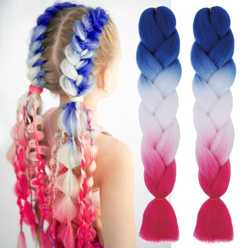 BASEMMAHER Colored Braiding Hair Extensions for Women Girls Red White Blue Ombre Jumbo Braids Crochet Synthetic Fiber Hair Pre Stretched High Temperature Heat Resistant Braiding Hair 24 Inch