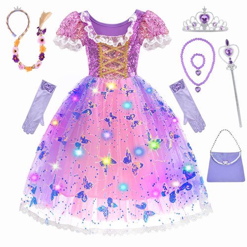 FRIEET Princess Dress for Girls, Light-up Princess Dress up for Girls Age 3-8, Purple Dresses Christmas Birthday Halloween Costume with Accessories（M）