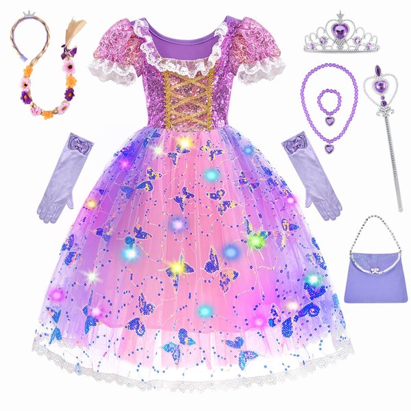 FRIEET Princess Dress for Girls, Light-up Princess Dress up for Girls Age 3-8, Purple Dresses Christmas Birthday Halloween Costume with Accessories（M）