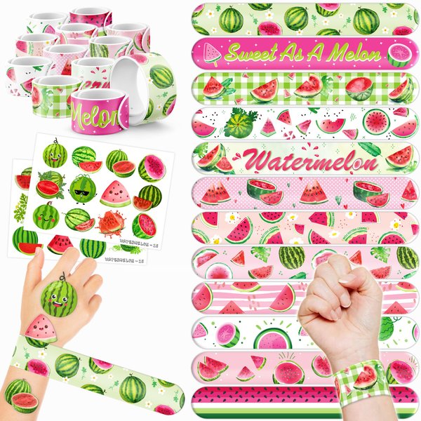 48 Watermelon 24PCS Watermelon Temporary Tattoos Stickers 24PCS Slap Bracelets Perfect for Watermelon Themed Birthday Baby Showers or Classroom Rewards Ideal Decor and Gifts for Girls and Boys