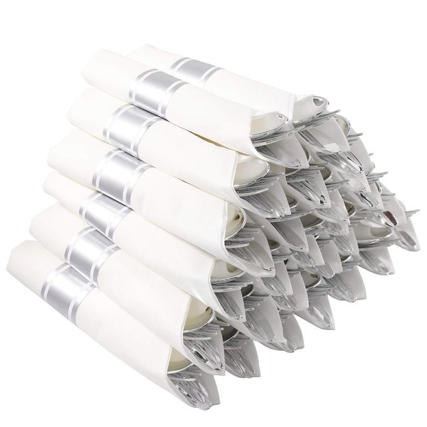 I00000 30 Pack Pre Rolled Napkins with Silver Plastic Cutlery Set, Premium Disposable Silverware, Includes: 30 Forks, 30 Knives, 30 Spoons, 30 Napkins