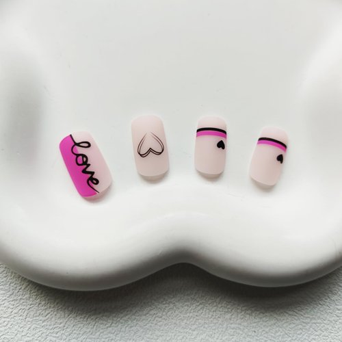 KKUUOO Pink Press on Nails Square Fake Nails Medium False Nails with Love Design Cute Press on Nails Matte Artificial Nails Full Cover Acrylic Nails Glossy Glue on Nails Stick on Nails for Women 24Pcs