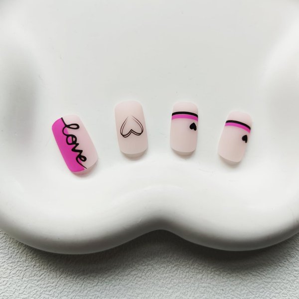 KKUUOO Pink Press on Nails Square Fake Nails Medium False Nails with Love Design Cute Press on Nails Matte Artificial Nails Full Cover Acrylic Nails Glossy Glue on Nails Stick on Nails for Women 24Pcs