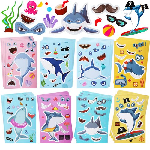 Cleverplay Make Your Own Shark Sticker, 24 Sheets, Shark Party Favors, Birthday Decorations