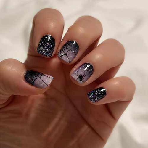 ZASKHLD Halloween Press on Nails Short Square Fake Nails Glitter Sparkly Black Gradient Full Cover False Nails Horror Black Spiderweb Glue on Nails Glossy Spider Acrylic Nails for Women Girls 24Pcs