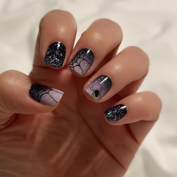 ZASKHLD Halloween Press on Nails Short Square Fake Nails Glitter Sparkly Black Gradient Full Cover False Nails Horror Black Spiderweb Glue on Nails Glossy Spider Acrylic Nails for Women Girls 24Pcs