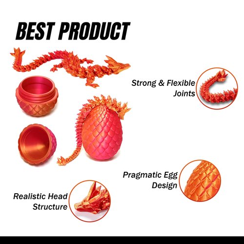 Generic 3D Printed Dragon in Egg, Full Articulated Dragon Crystal Dragon with Dragon Egg, Home Office Decor Executive Desk Toys, Adults Fidget Toys for Autism/ADHD, 12 Inches (Laser Orange)