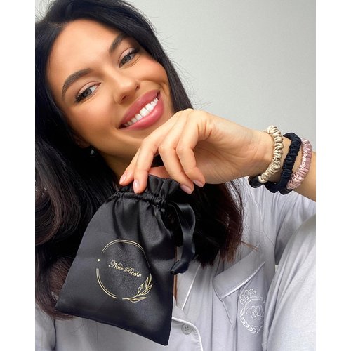 Noir Roche Luxury Silk Scrunchies with Travel Pouch- 100% Mulberry Silk Hair Ties- Gentle Elastic Hair Ties for All Hair Types- OEKO TEX Standard 100 (Set of 3: Black, Pink, Beige)