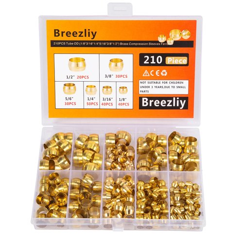 Breezliy 210PCS Tube OD（1/8" 3/16" 1/4" 5/16" 3/8" 1/2") Brass Compression Sleeves Ferrules,6 Sizes Brass Compression Fitting Assortment Kit
