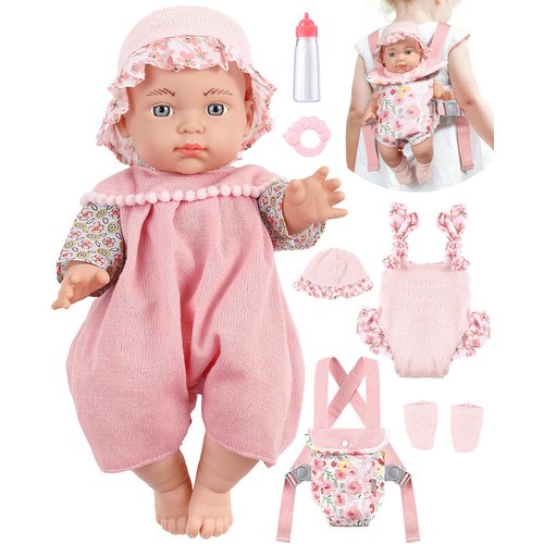 12" Baby Doll Carrier Set for Little Girls Baby Dolls Set Included Doll Carrier, Bottles,Nipple,Teether,Socks,Hat,Clothes Set First Baby Dolls for Age 3+ Baby Toddlers and Up Girls Chirstmas Gift
