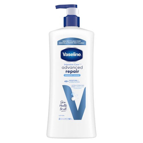 Vaseline Intensive Care Body Lotion Advanced Repair Unscented for Dry Skin Lotion Made with Ultra-Hydrating Lipids + Vaseline Jelly to Repair Extremely Dry Skin 32 Oz