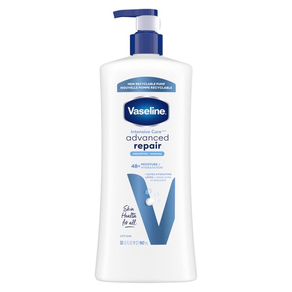 Vaseline Intensive Care Body Lotion Advanced Repair Unscented for Dry Skin Lotion Made with Ultra-Hydrating Lipids + Vaseline Jelly to Repair Extremely Dry Skin 32 Oz